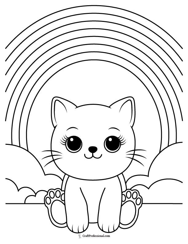 Cute cartoon cat sitting in front of clouds and a rainbow