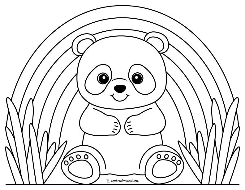 Cute panda sitting in front of a rainbow coloring page
