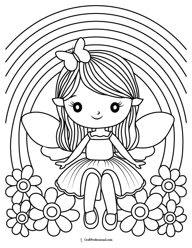 Rainbow and fairy coloring page