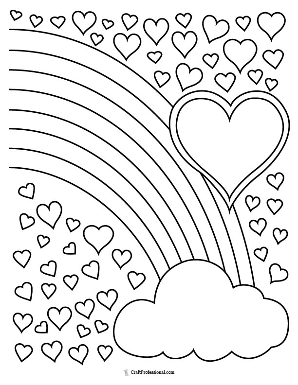 rainbow surrounded by hearts coloring sheet