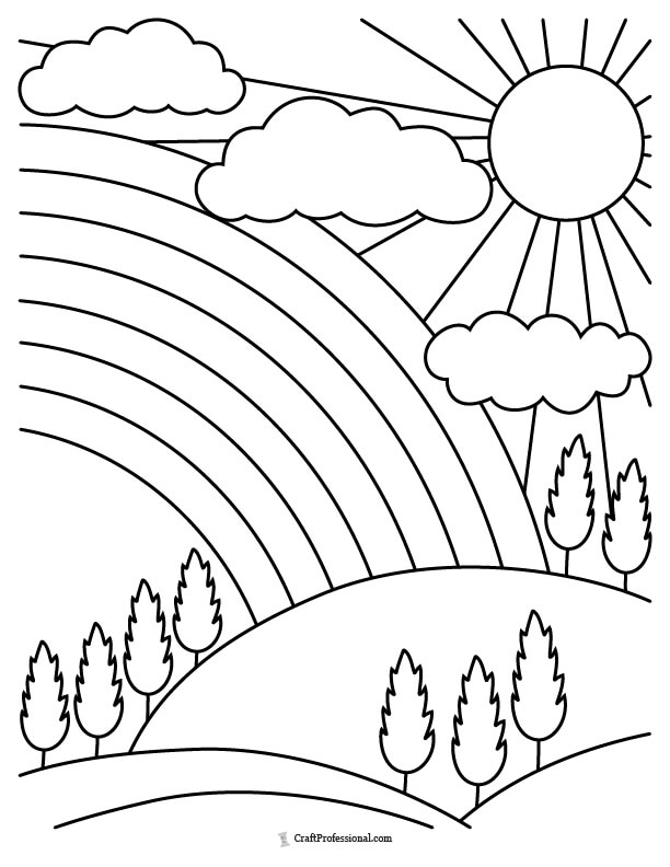 Trees, hills, sunshine, and rainbow coloring page