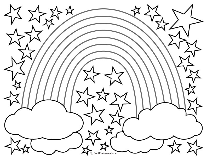 Rainbow and clouds in the night sky with stars coloring sheet