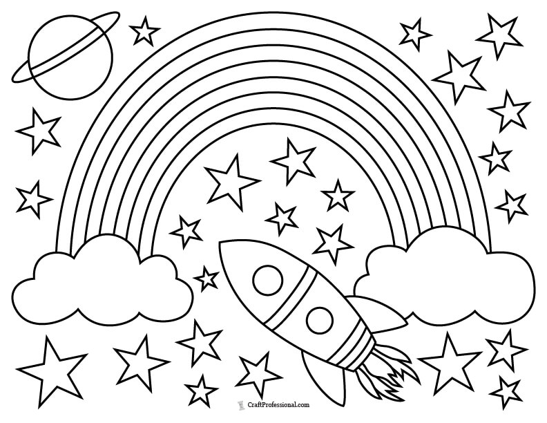 Rainbow in space with starts, planet and rocket ship coloring page
