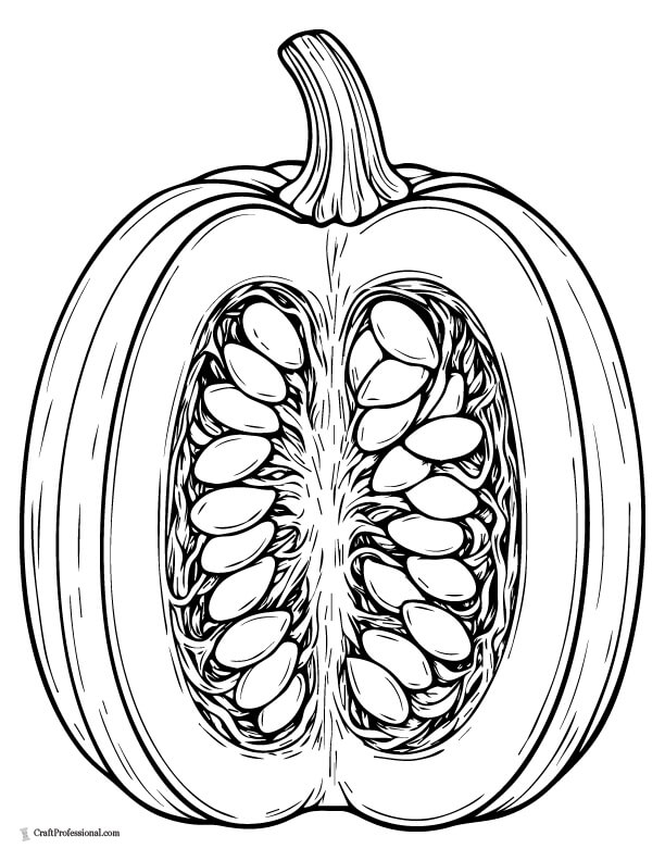 Cut-open pumpkin showing seeds inside coloring sheet