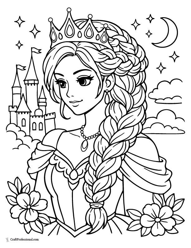 Realistic princess coloring page with intricate braided hairstyle