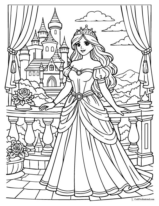 Realistic princess coloring page standing on a castle balcony
