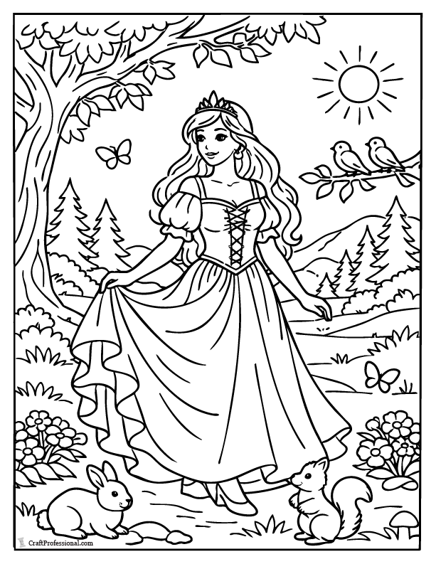 Realistic princess coloring page in a detailed fantasy garden