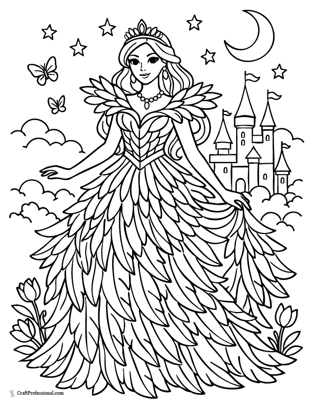 Realistic princess coloring page wearing an intricate feathered gown