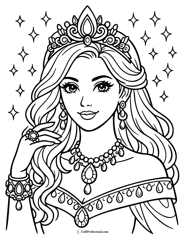 Realistic princess coloring page with detailed jewelry and gems
