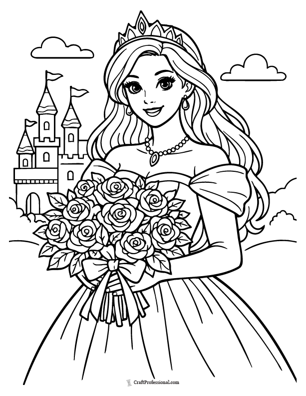Realistic princess coloring page holding a rose bouquet