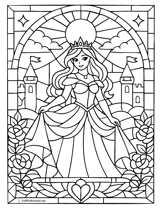 Realistic princess coloring page in a stained-glass style frame