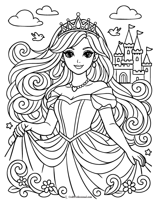 Realistic princess coloring page with swirling hair patterns