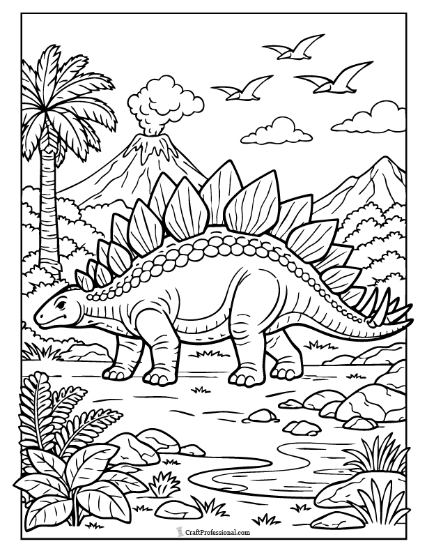 Realistic stegosaurus side view coloring page
