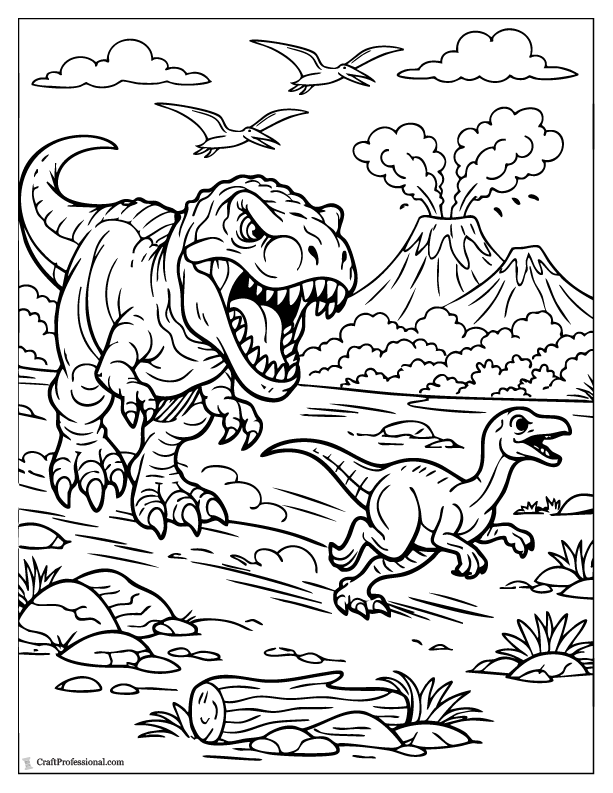 Realistic T-Rex chasing prey coloring page