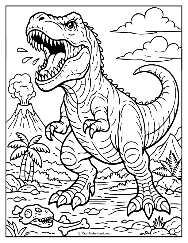 Realistic T-Rex roaring dinosaur coloring page