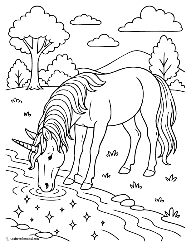 Elegant unicorn coloring page of a unicorn drinking from a sparkling forest stream.