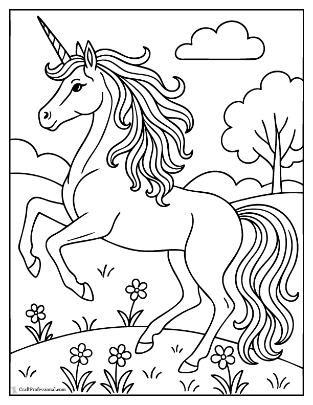 Realistic unicorn coloring page showing a side-view prancing unicorn with flowing mane and tail. Realistic unicorn coloring page showing a side-view prancing unicorn with flowing mane and tail.