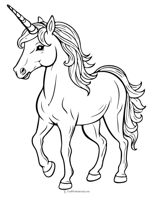 Realistic, full-body unicorn coloring sheet