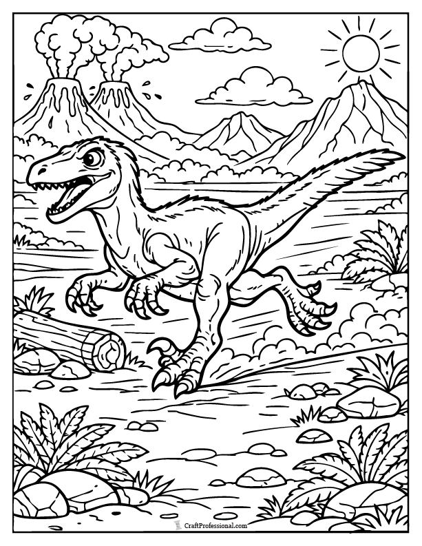 Realistic velociraptor running coloring page