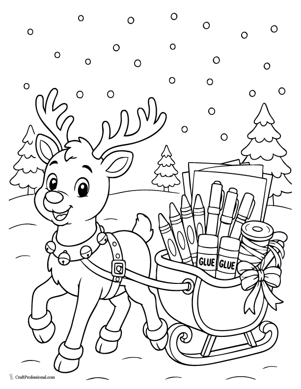 Reindeer delivering craft supplies coloring page with crayons, markers, paper, ribbon, and Christmas decorations.