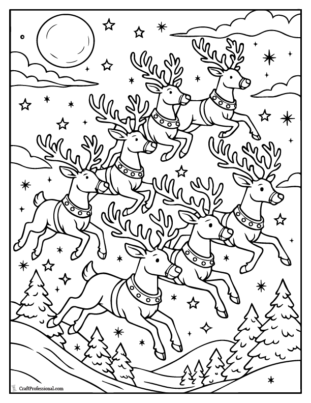 Santa's reindeer in flight, coloring page.