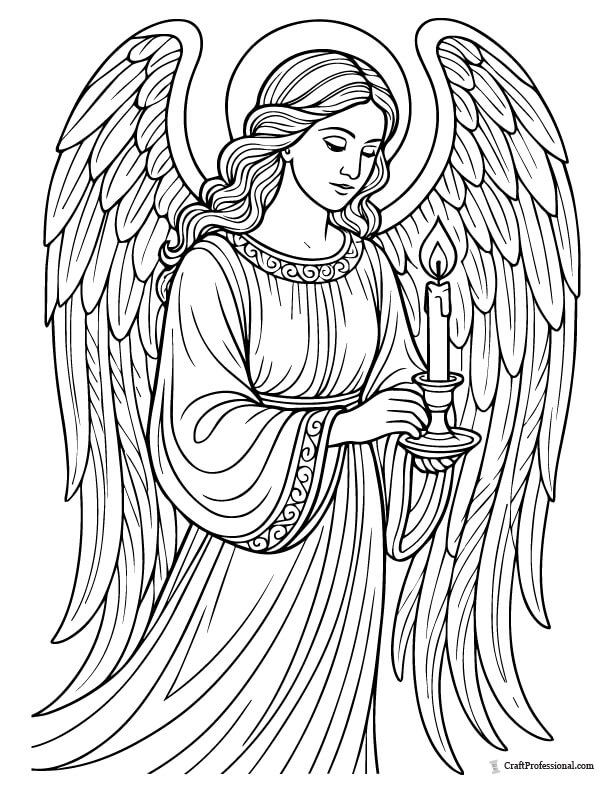 Angel with flowing wings holding a candle detailed coloring page.