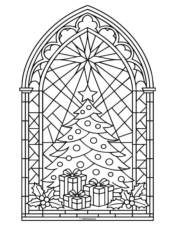 Cathedral stained-glass Christmas window coloring page.