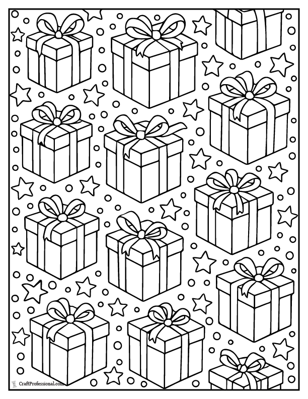 Repeating Christmas presents pattern, coloring page.