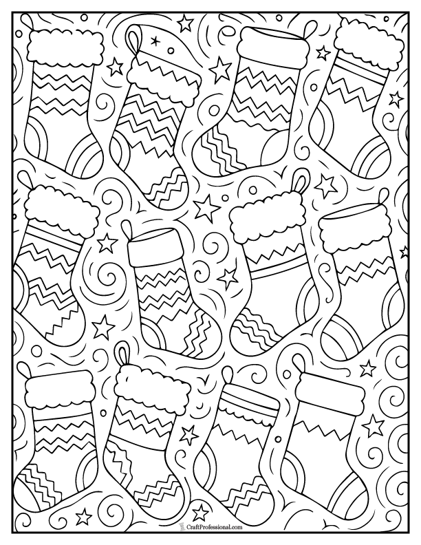 Repeating Christmas stockings pattern, coloring page.