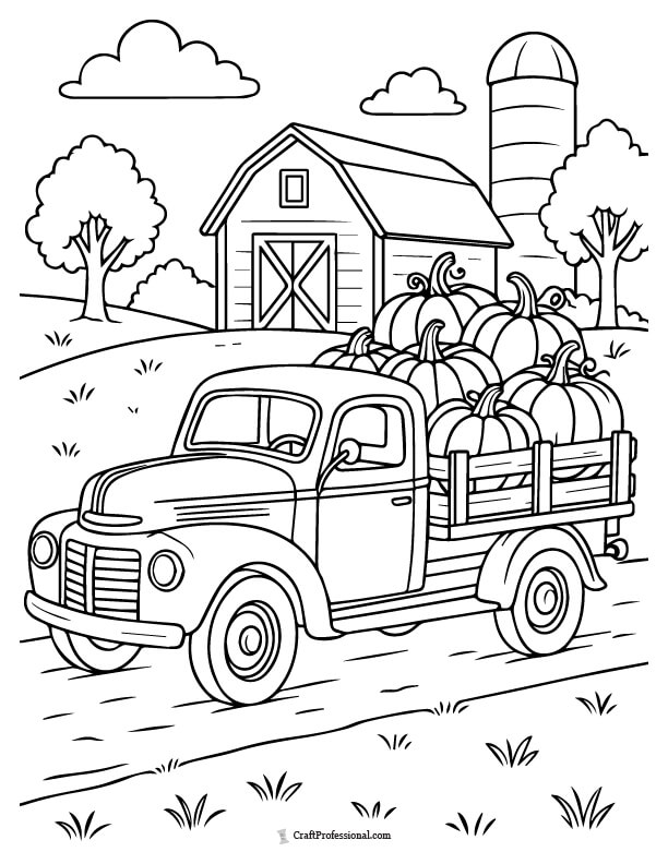 Classic farm truck carrying a harvest of pumpkins, coloring page