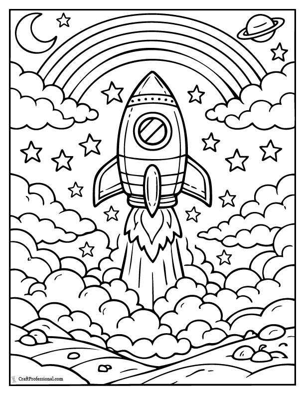Cartoon rocket launching into space with a rainbow arcing overhead in a coloring page.
