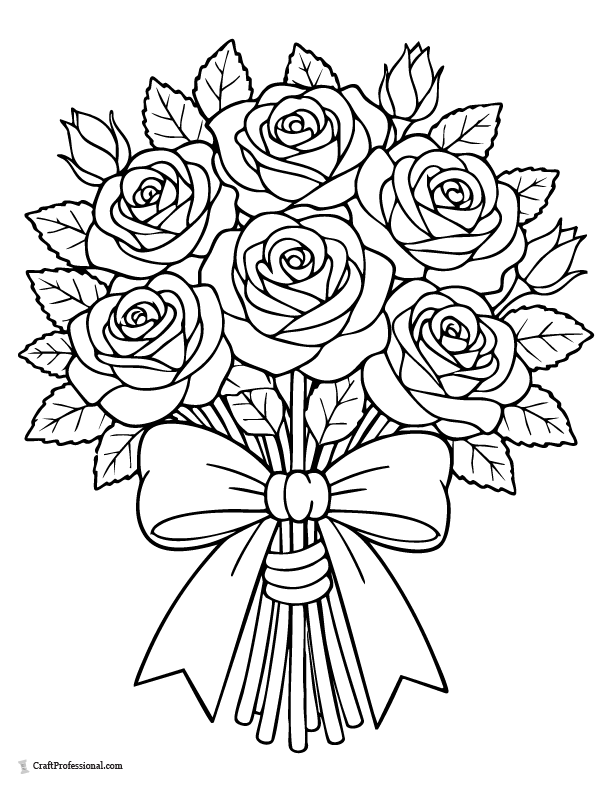 Rose bouquet coloring page tied with ribbon.