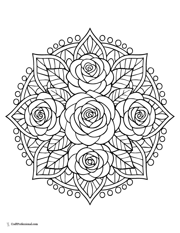 Rose spiral mandala coloring page with layered rose petals.