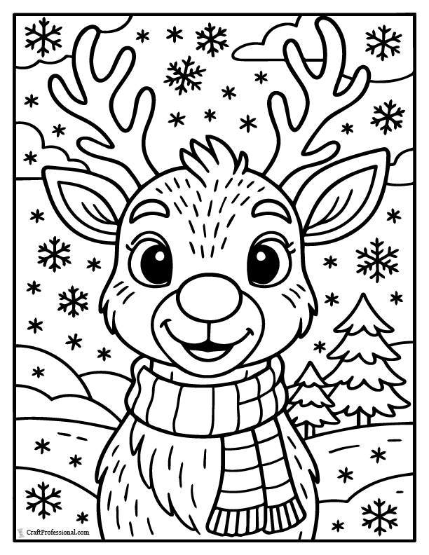 Close-Up portrait of Rudolph the red-nosed reindeer, coloring page.
