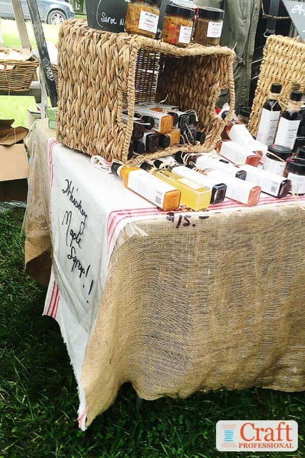 Maple syrup on display at a craft fair Maple syrup on display at a craft fair