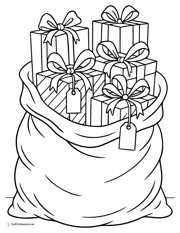 Santa sack with presents peeking out coloring page.