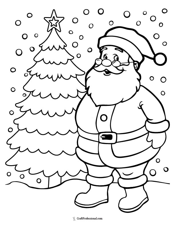 Santa standing in front of an evergreen tree coloring page
