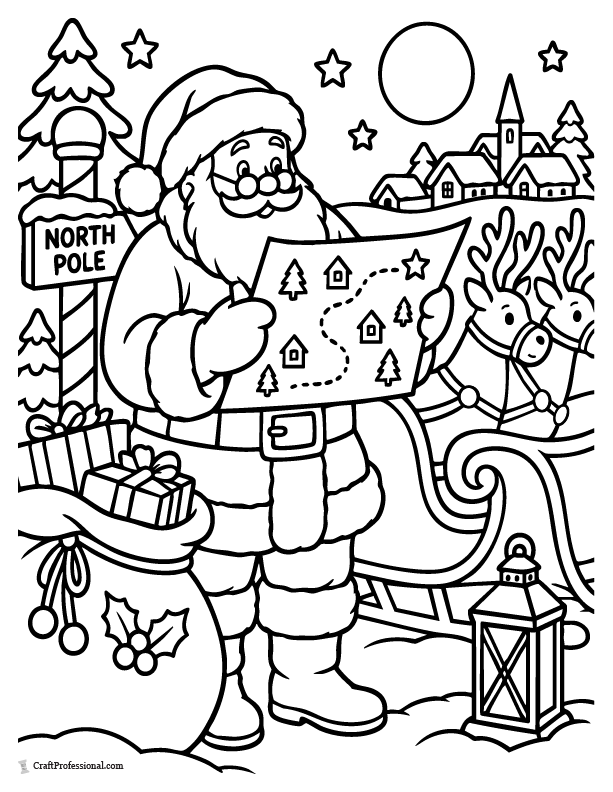 Santa checking a map to plan his Christmas Eve deliveries.