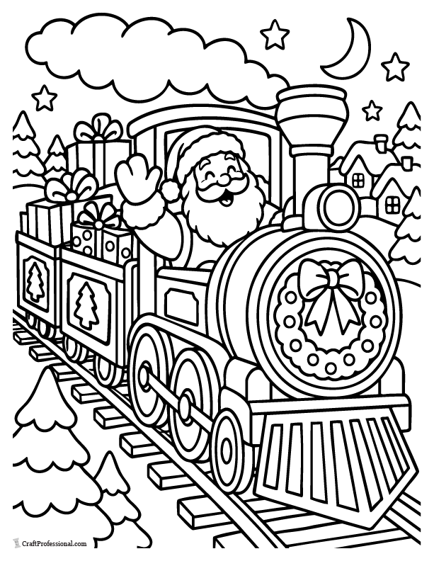 Santa delivering Christmas presents aboard a festive train.