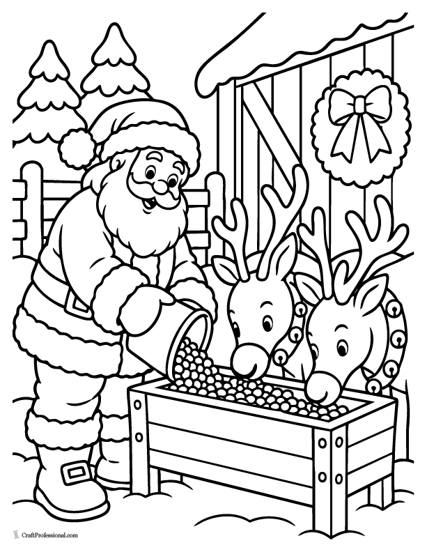 Santa feeding carrots to his reindeer at the North Pole.