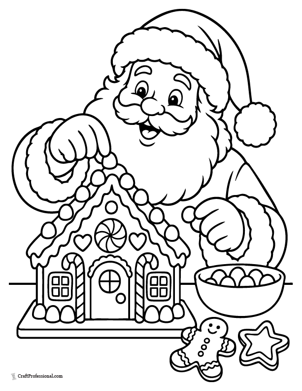 Santa decorating a gingerbread house with Christmas candy.