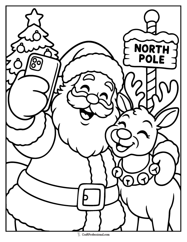 Santa taking a Christmas selfie with Rudolph and an elf.