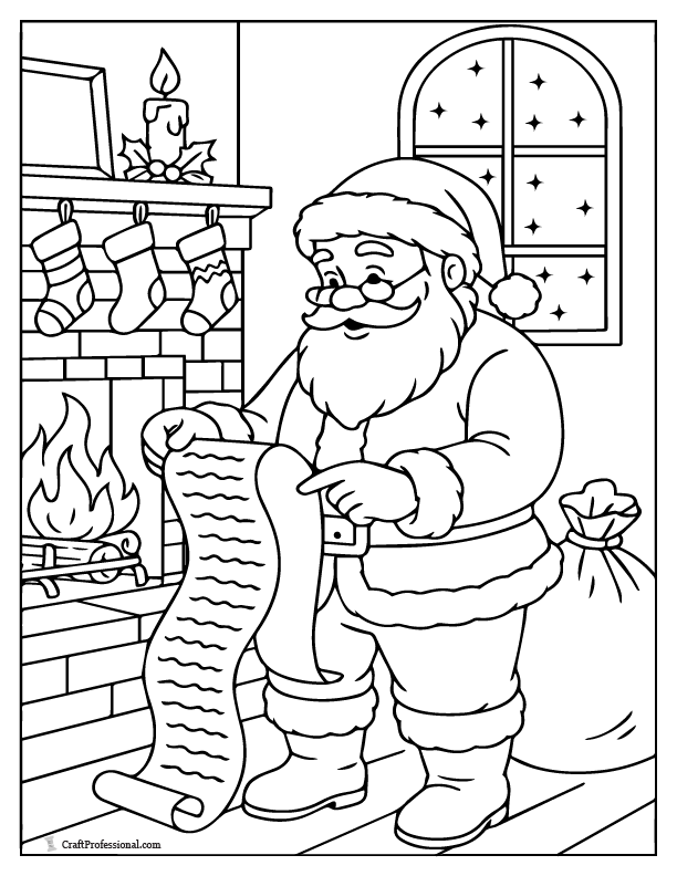 Santa checking his list by the hearth, coloring page.