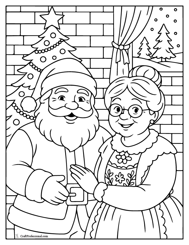 Santa & Mrs. Claus standing in front of a Christmas tree, coloring page.