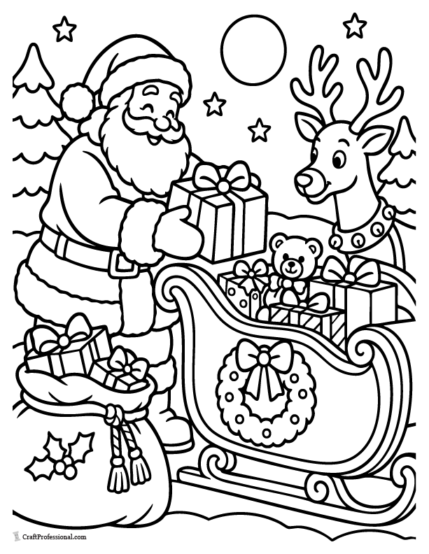 Santa and elves packing Christmas presents into his sleigh.