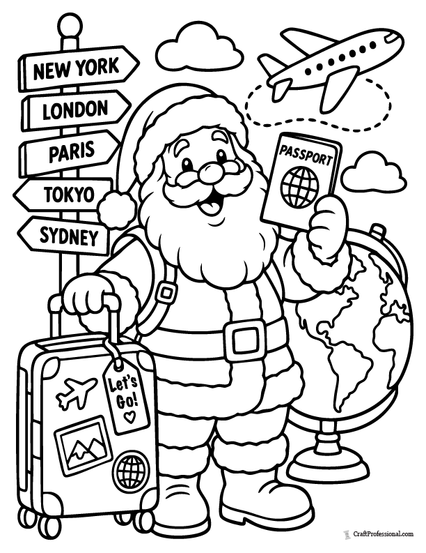 Santa holding a passport beside a globe for Christmas travel.
