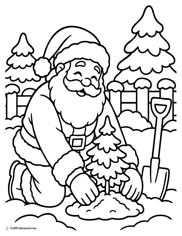 Santa planting a small Christmas tree in the snow.