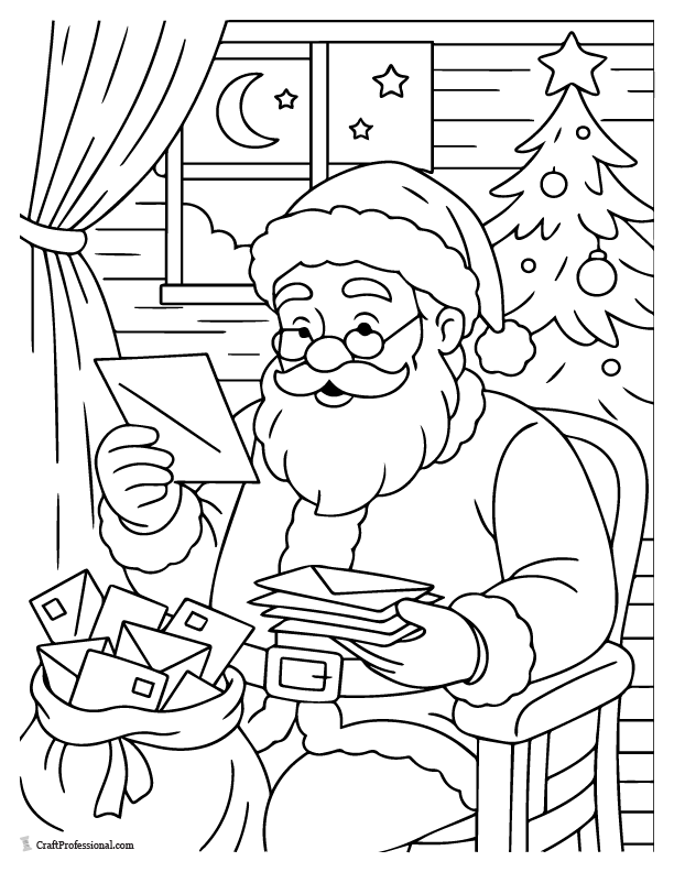 Santa reading letters from children, coloring page.