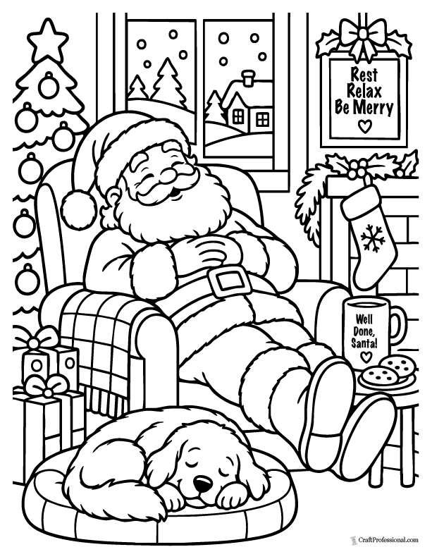 Santa relaxing after Christmas with an empty toy sack nearby.