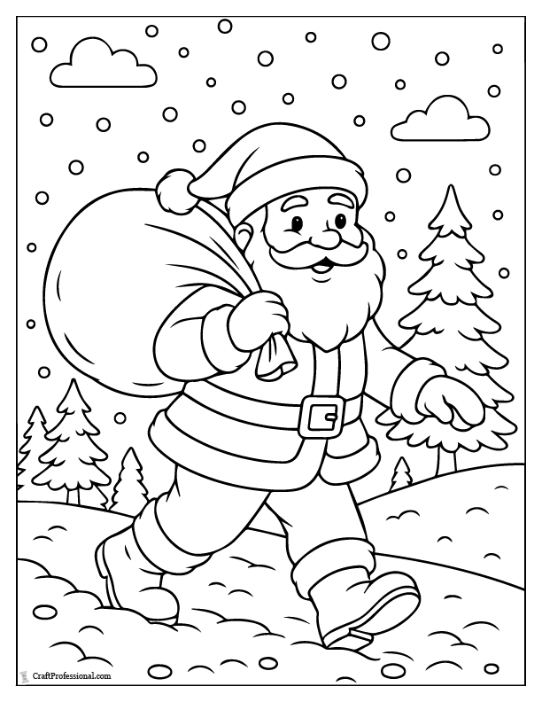 Santa carrying a sack of presents through the snow, coloring page.